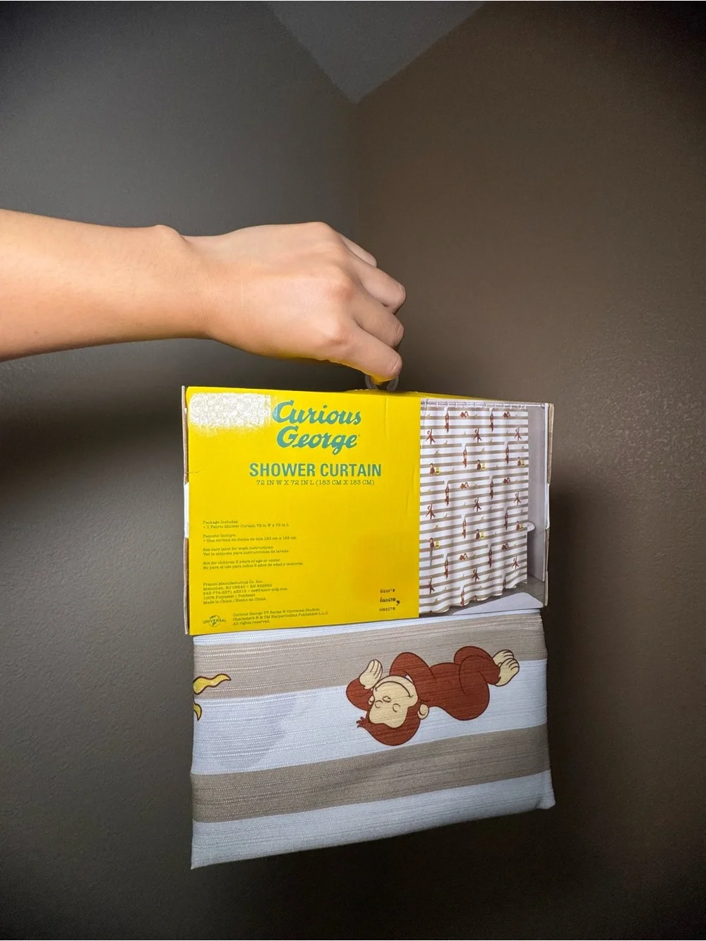 Curious George Beige & White Striped Kids Shower Curtain